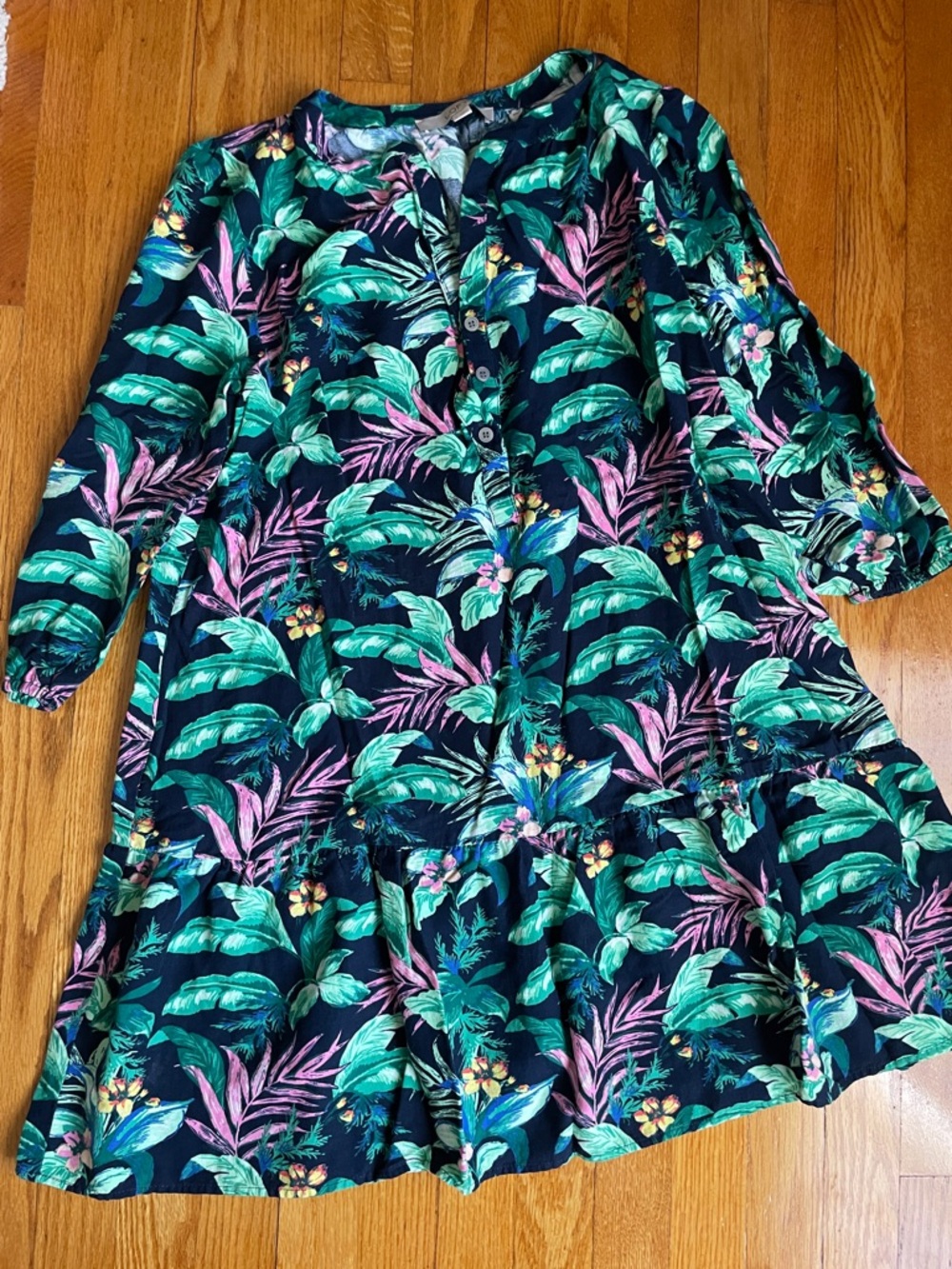 LOFT Navy Tropical Print Long Sleeve Dress
